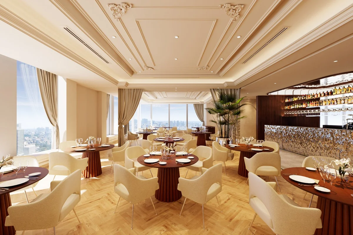 Jardin des Sens Tokyo — Tokyo main dining room: operator planned-interior rendering, not a completed photograph.